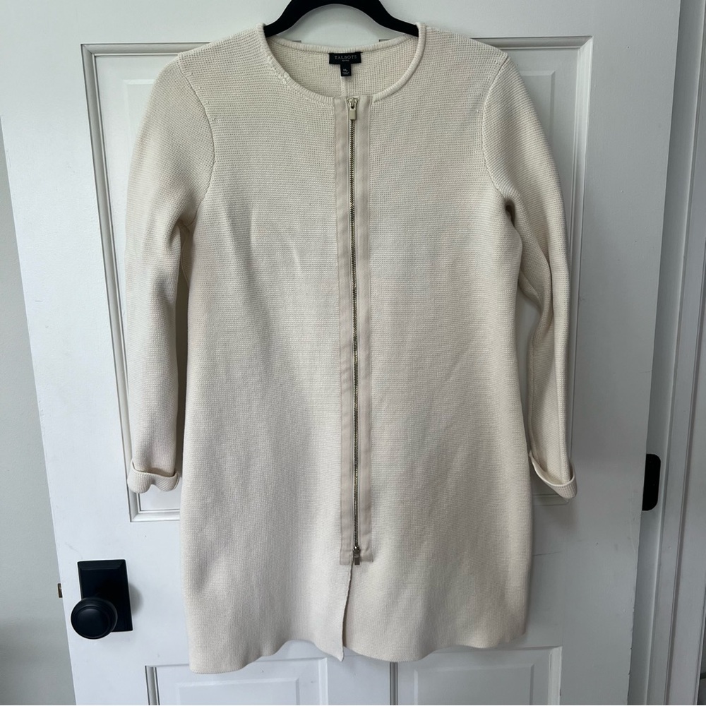 Talbots Petite Medium Ecru Long Zip Cardigan Sweater - Preowned